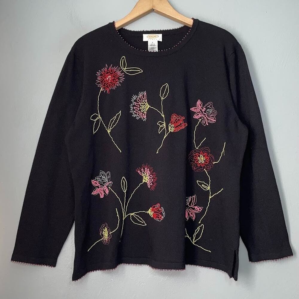 Vintage Talbots Sweater Plus Size X Black Floral Embroidered Beaded Top Grandma